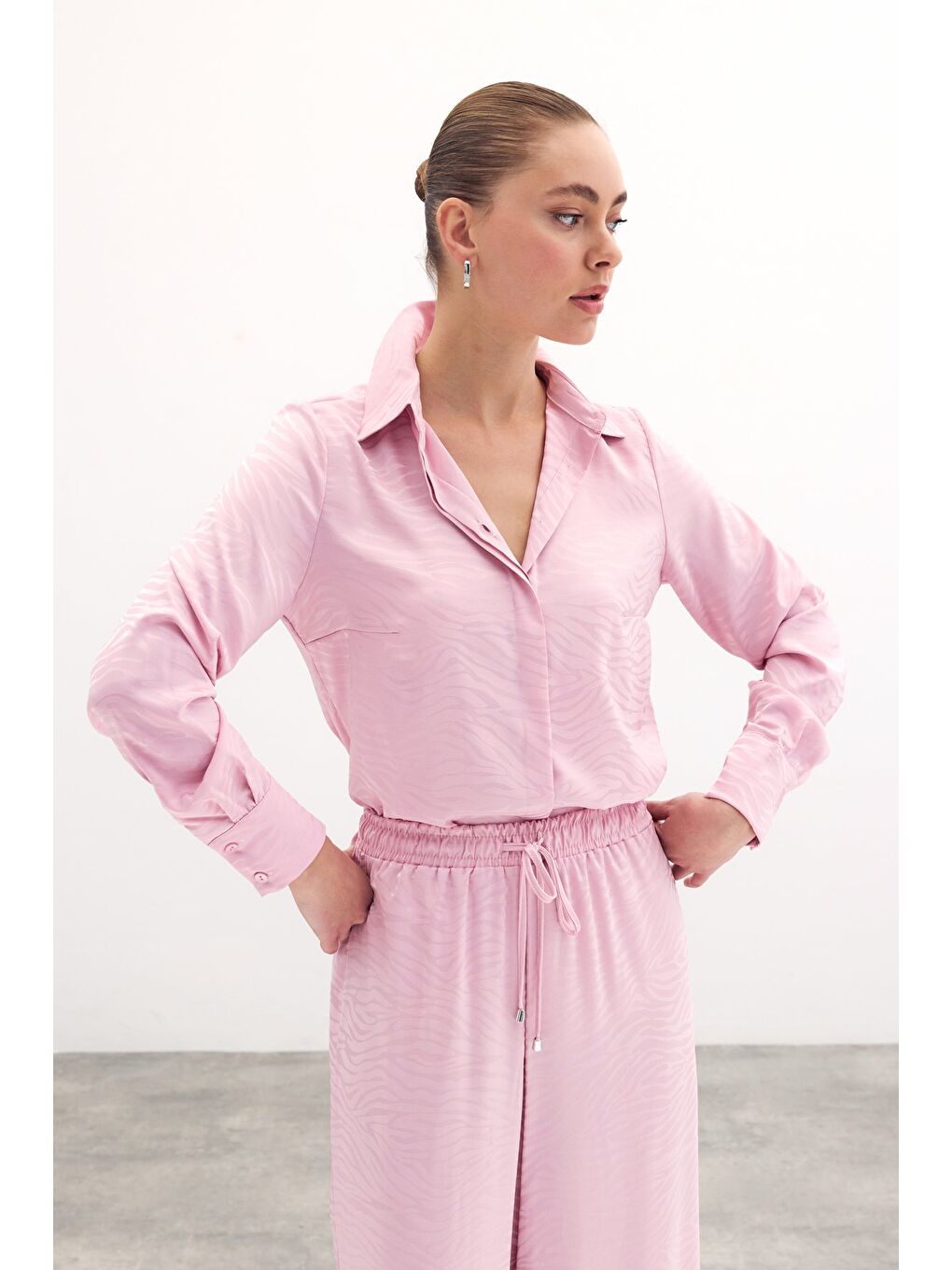 Pembe Desenli Düz Klasik Gömlek - Pudra-1