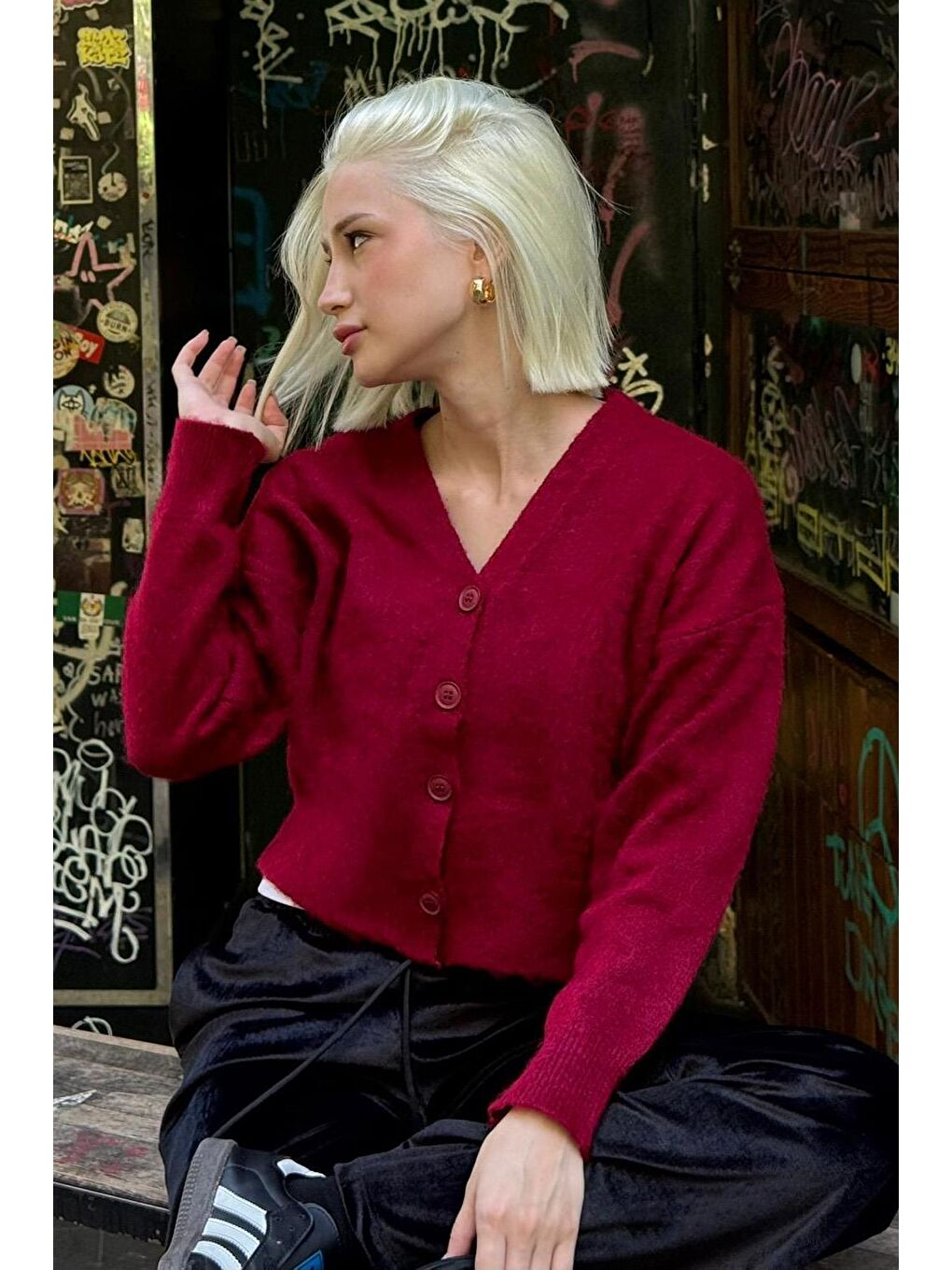 Bordo V Yaka Kadın Triko Hırka Mg2462-4