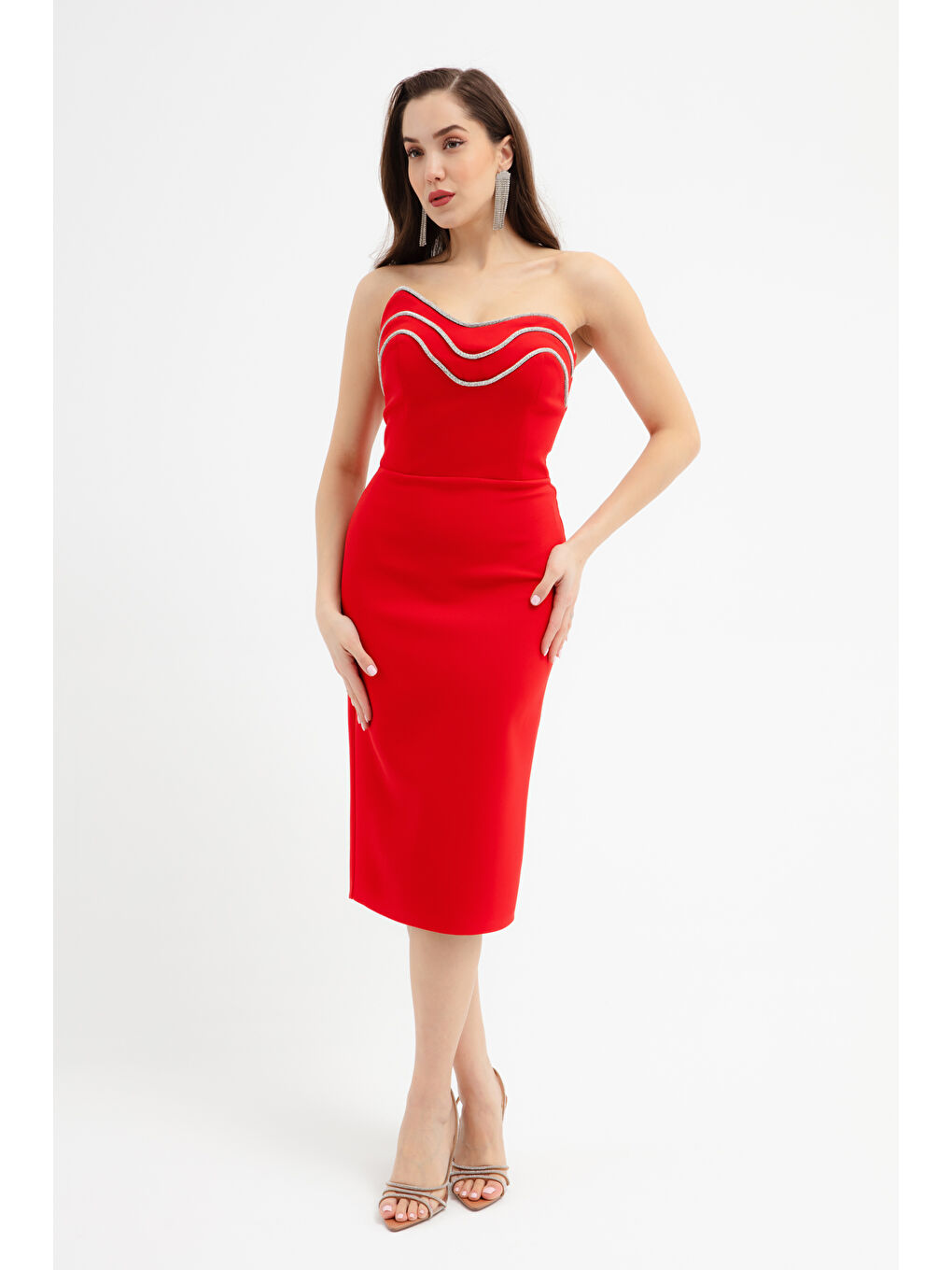 Kadın Kırmızı Straplez Taşlı Midi Abiye Elbise-1