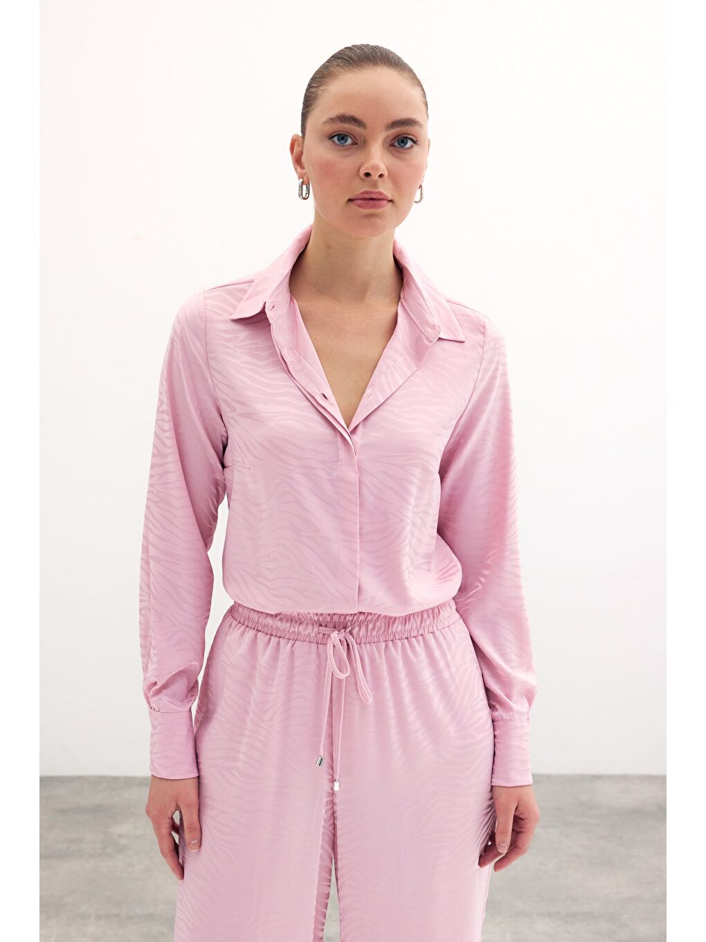 Pembe Desenli Düz Klasik Gömlek - Pudra-2