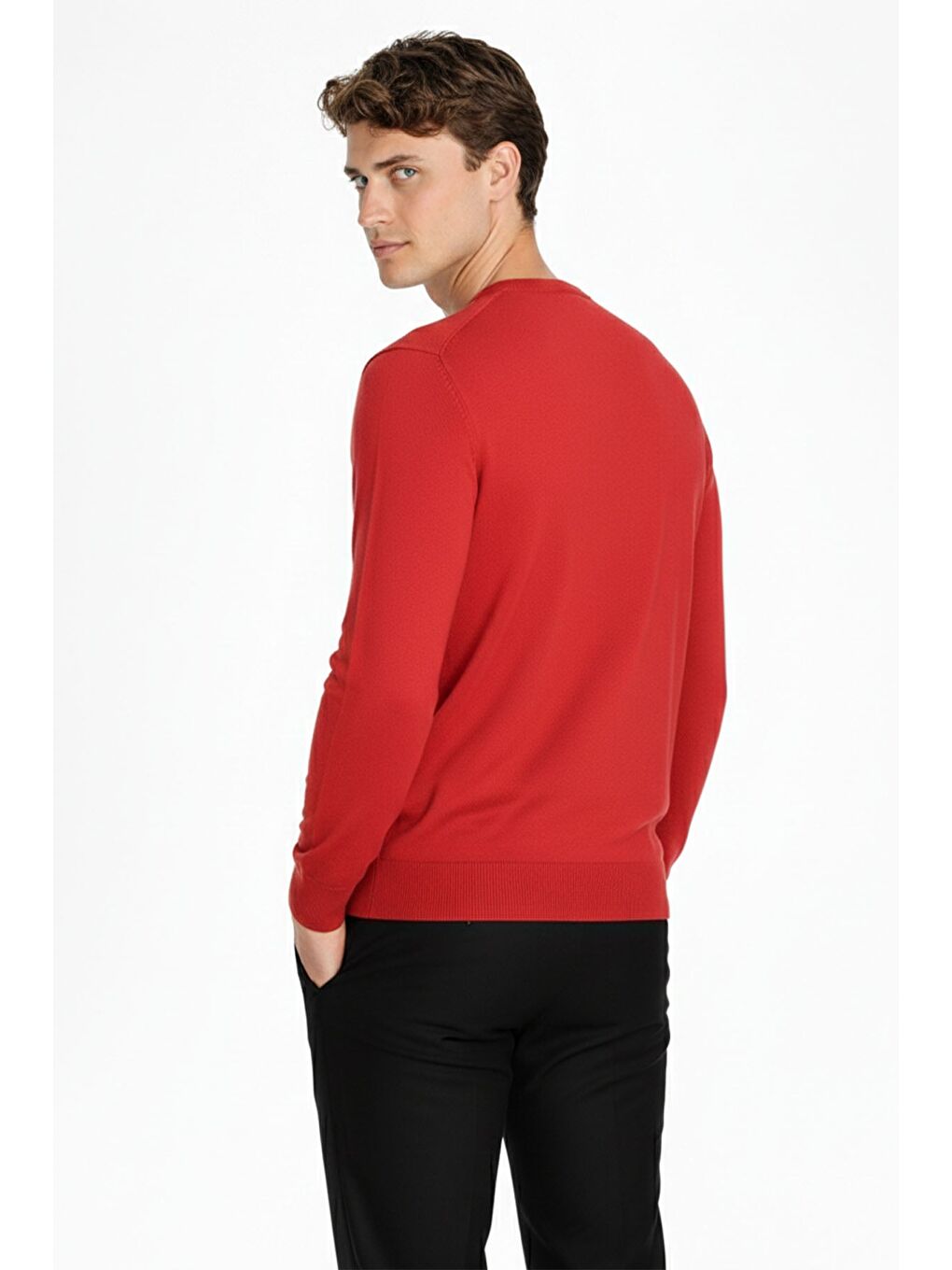 Kırmızı Nar Çiçeği Standart Fit Yün Karışımlı Bisiklet Yaka Düz Erkek Triko Kazak-3