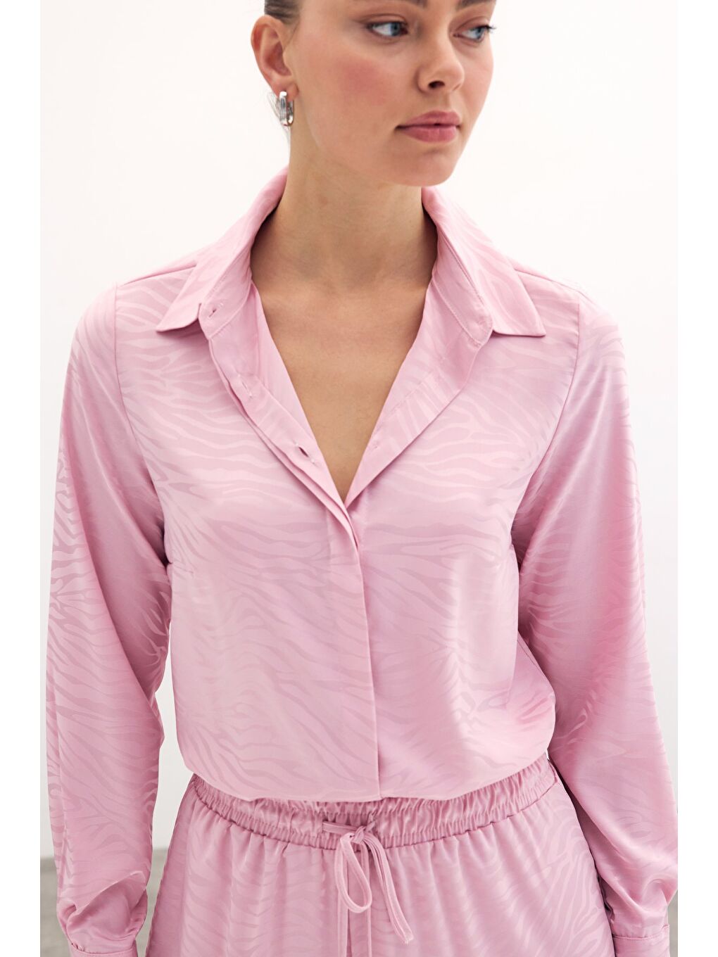 Pembe Desenli Düz Klasik Gömlek - Pudra-3