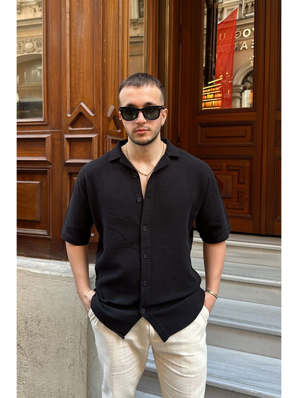 Siyah Nebel Erkek Yazlık Pamuk Gömlek Apaş Yaka Kısa Kollu, Düğmeli, Rahat Kalıp-5