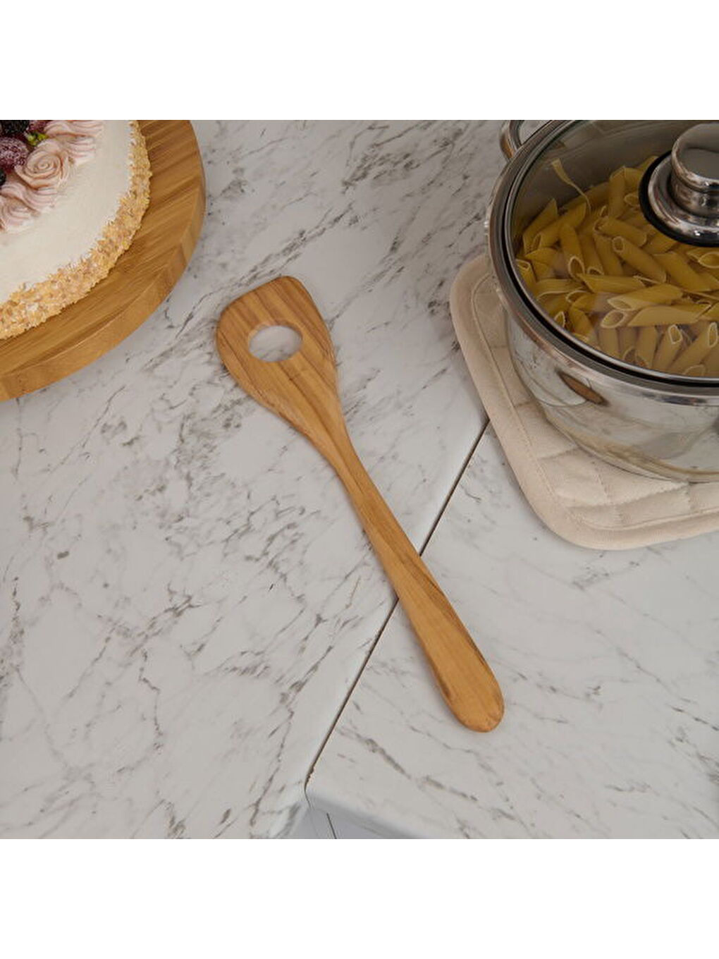 Zeytin Ağacı Büyük Delikli Spatula - Açık Kahverengi - 30 cm