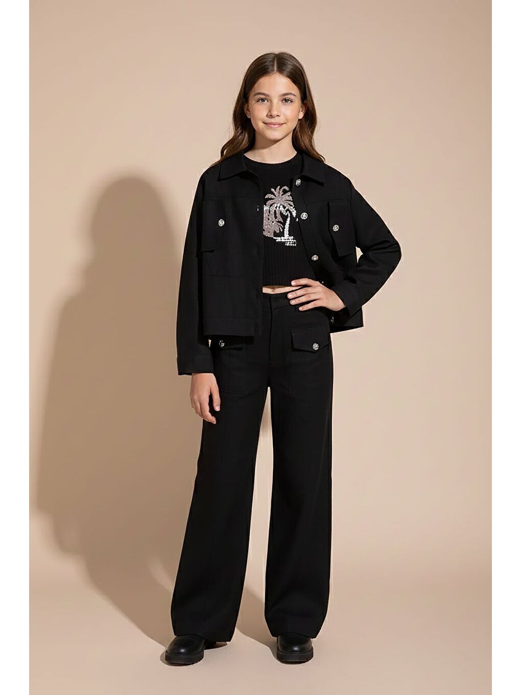 Siyah Düğme Detaylı Keten Gömlekli Pantolonlu Kız Çocuk 3lü Takım 23494-1