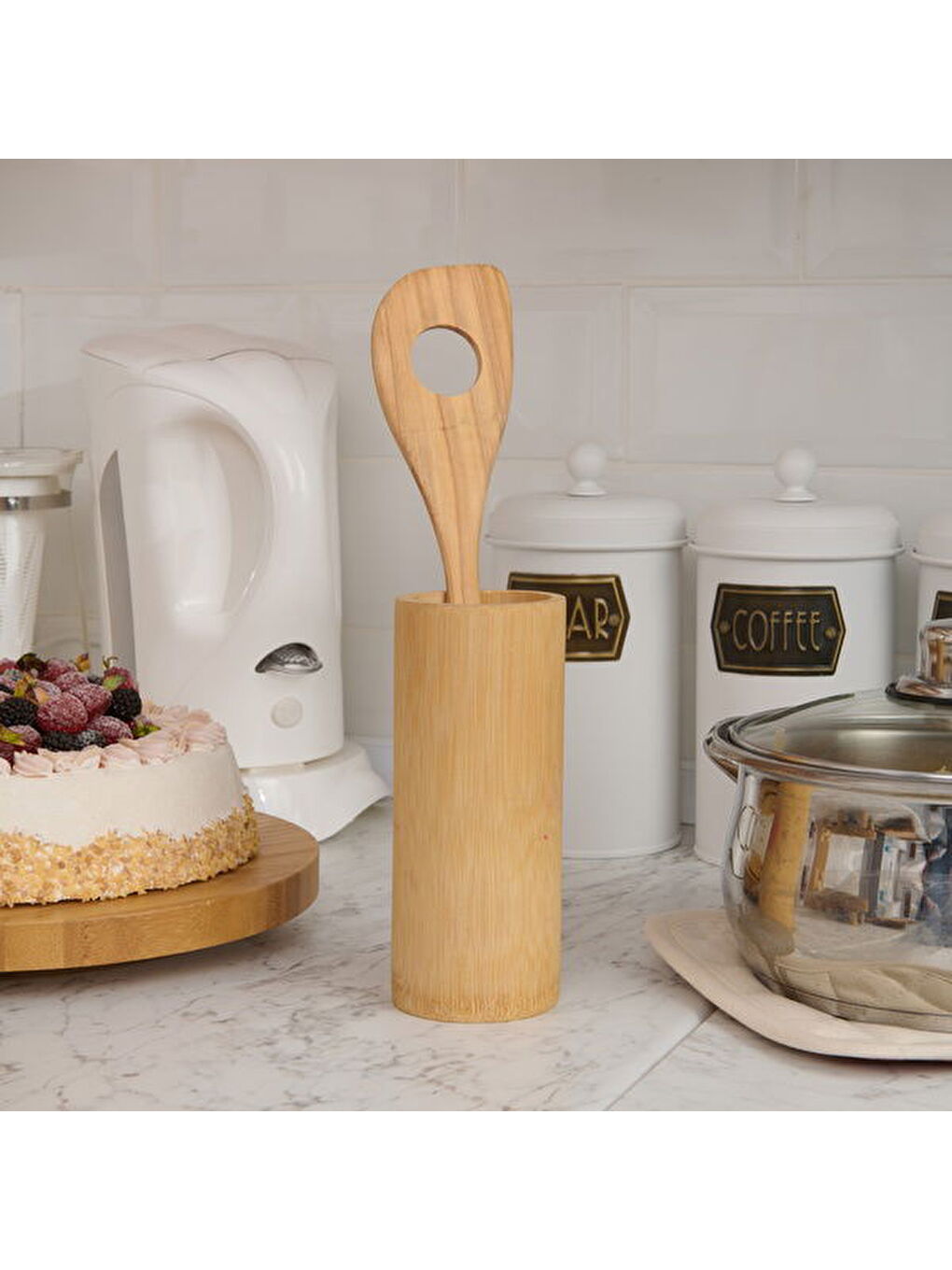 Zeytin Ağacı Büyük Delikli Spatula - Açık Kahverengi - 30 cm-1