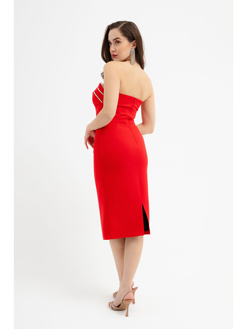 Kadın Kırmızı Straplez Taşlı Midi Abiye Elbise-4