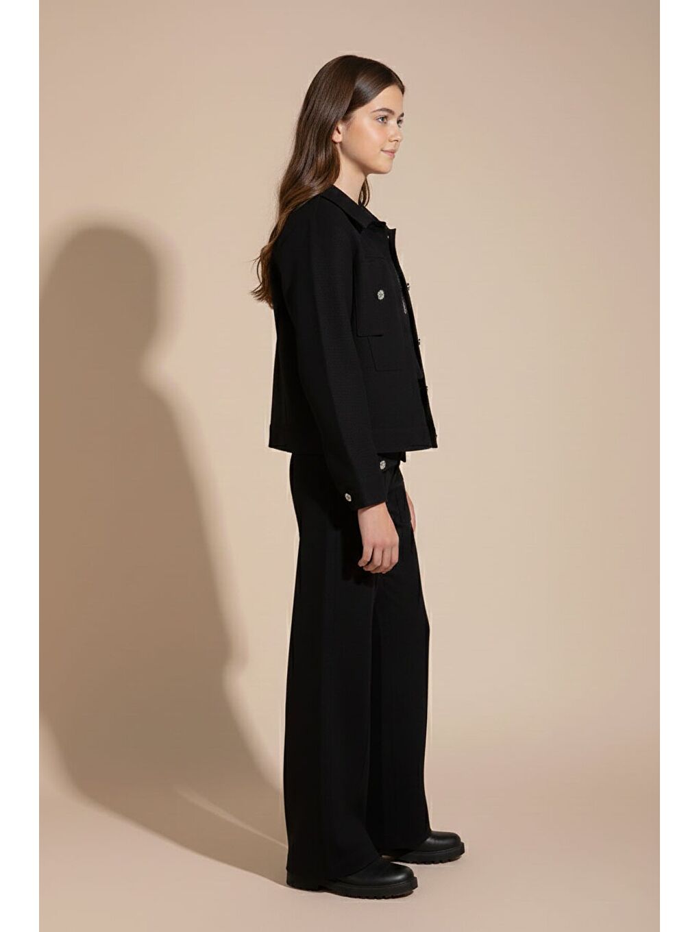 Siyah Düğme Detaylı Keten Gömlekli Pantolonlu Kız Çocuk 3lü Takım 23494-2