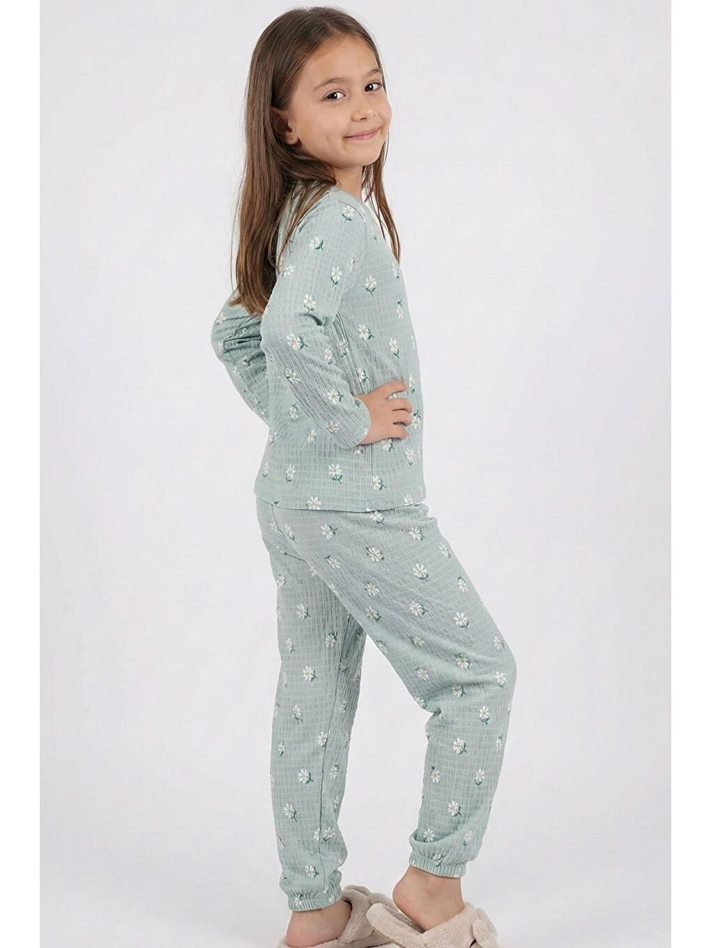 Turkuaz Kız Çocuk Pijama Takımı Papatya Desenli Su Yeşili (4-8 Yaş)-1