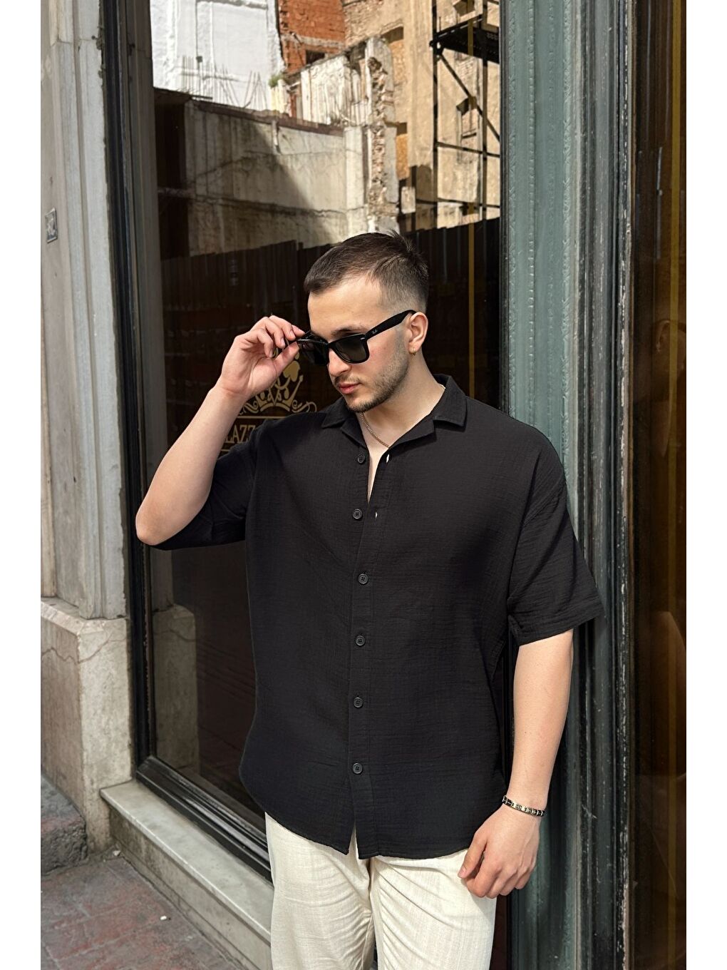 Siyah Nebel Erkek Yazlık Pamuk Gömlek Apaş Yaka Kısa Kollu, Düğmeli, Rahat Kalıp-6