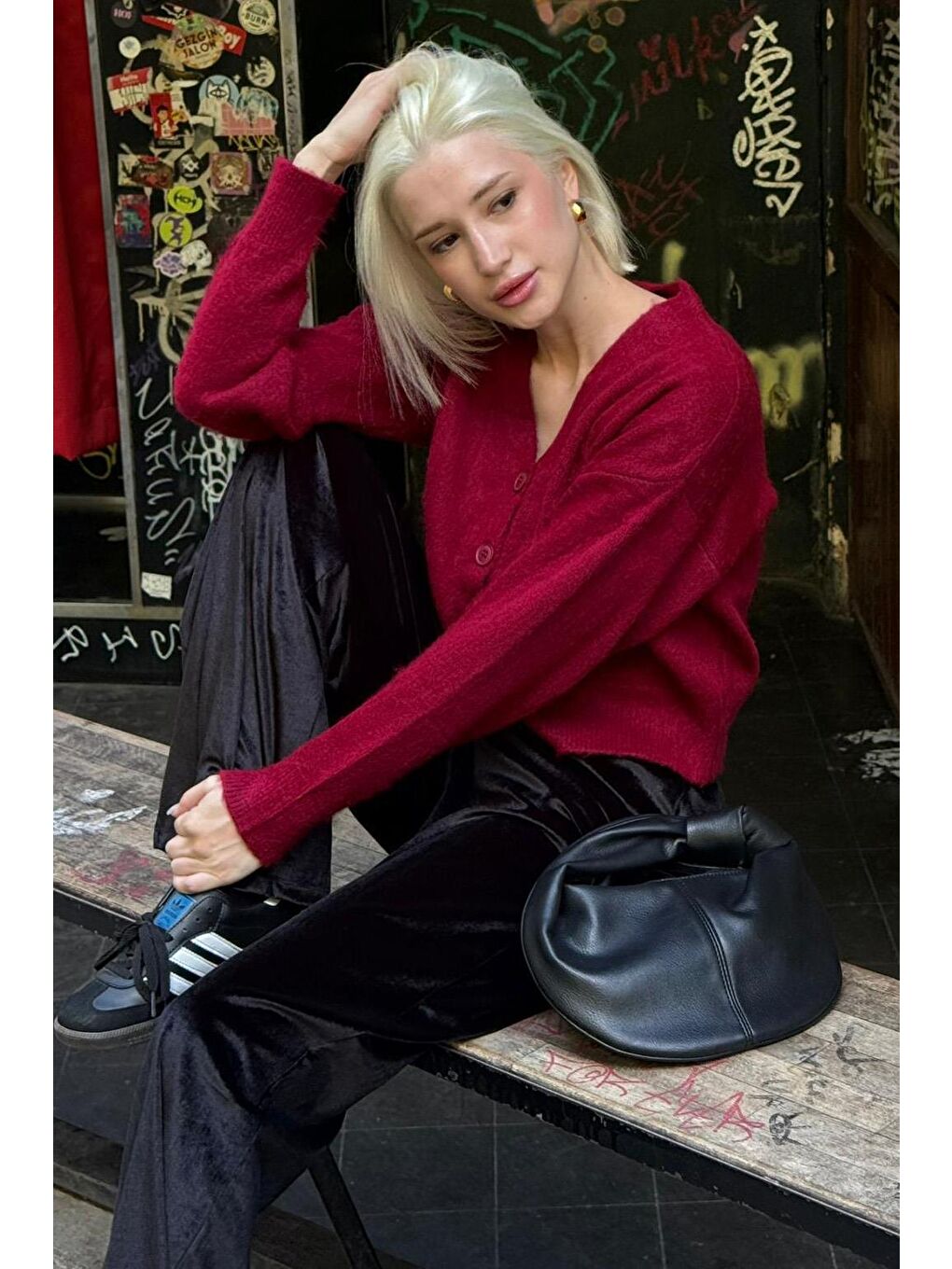 Bordo V Yaka Kadın Triko Hırka Mg2462-6