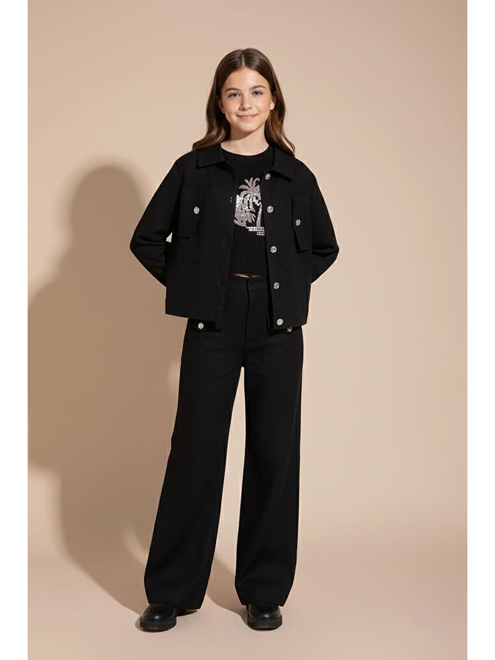 Siyah Düğme Detaylı Keten Gömlekli Pantolonlu Kız Çocuk 3lü Takım 23494-3