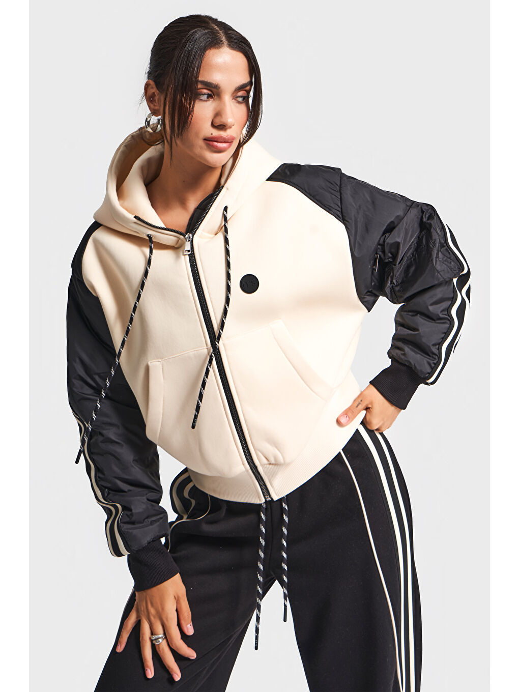 Kadın Bej Siyah Renk w5-1 Örme Kumaş Polar ve Eşofman 2'li Tasarım Kombin Takım-2