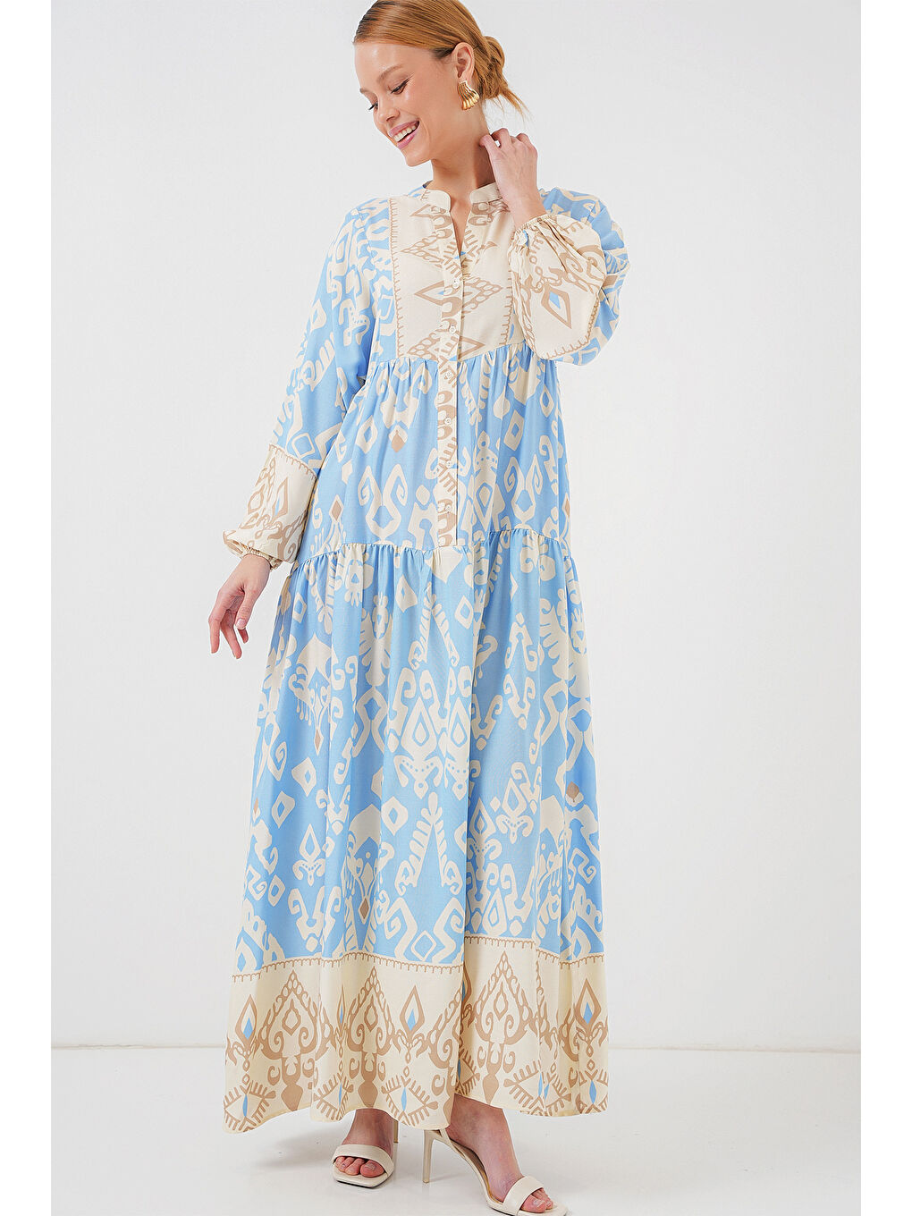 2423 Otantik Desenli Tesettür Elbise - R. Mavi-1