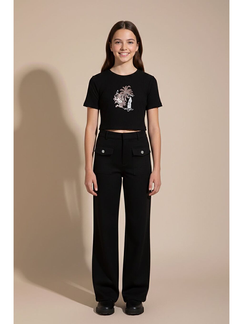 Siyah Düğme Detaylı Keten Gömlekli Pantolonlu Kız Çocuk 3lü Takım 23494-4