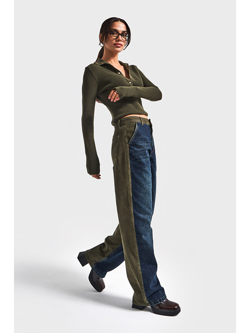 Kadın Haki Jean Rengi 2w5-31 Loose Fit Kadife Denim Kumaş Tasarım Denim Jean