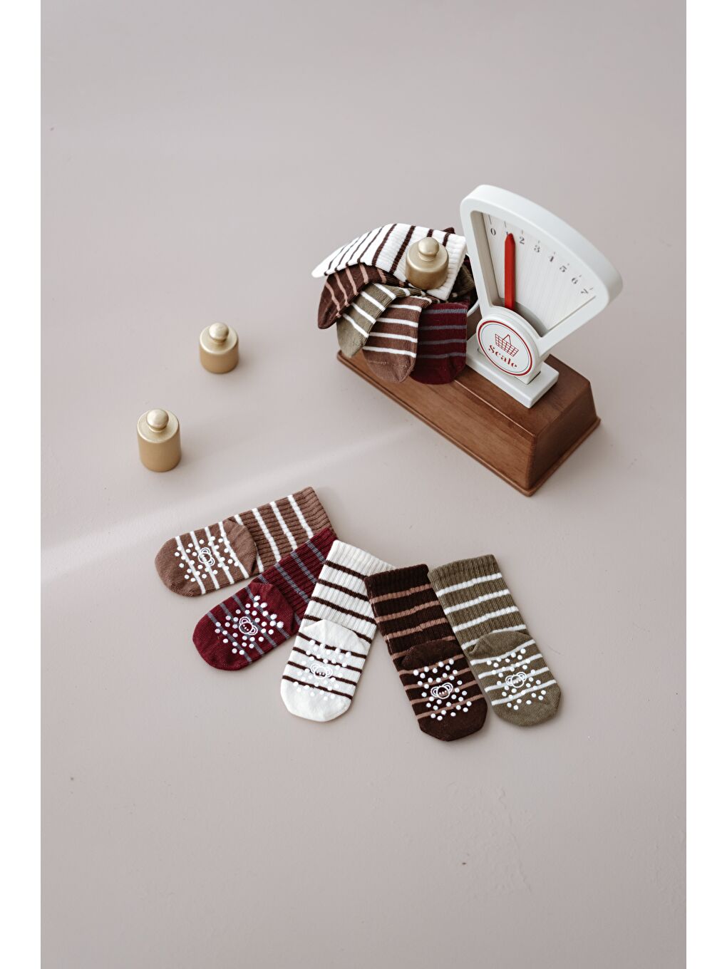 Bej 5li Organik Pamuk Kaydırmaz Tabanlı Çizgili Soket Çorap Seti-2