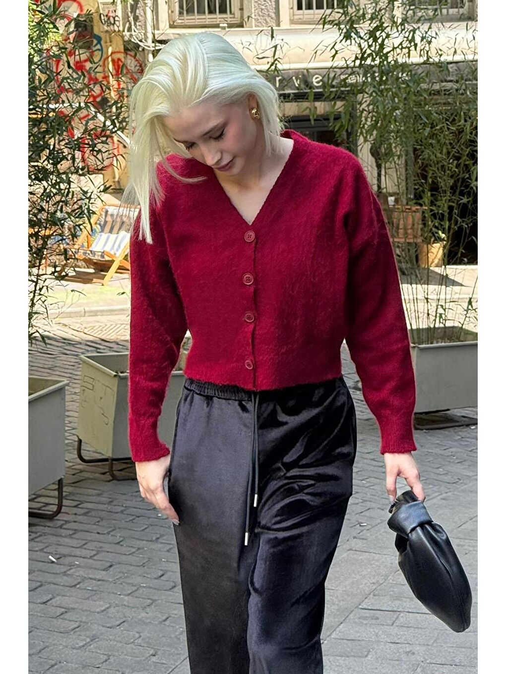 Bordo V Yaka Kadın Triko Hırka Mg2462-7