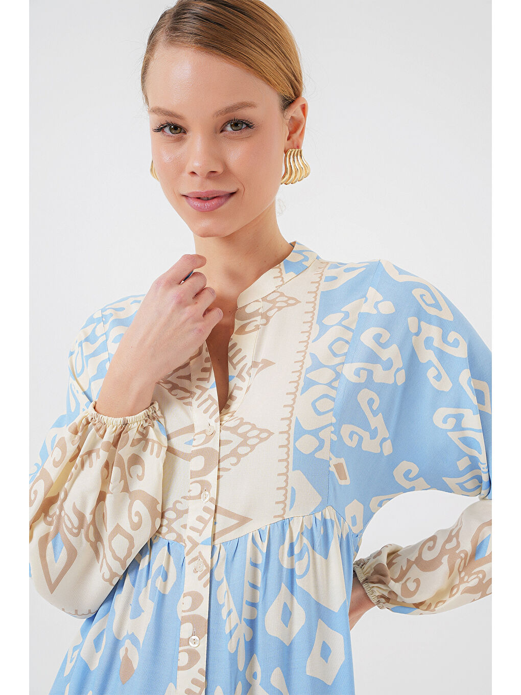 2423 Otantik Desenli Tesettür Elbise - R. Mavi-2