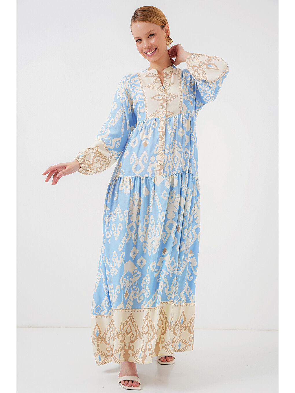 2423 Otantik Desenli Tesettür Elbise - R. Mavi-3