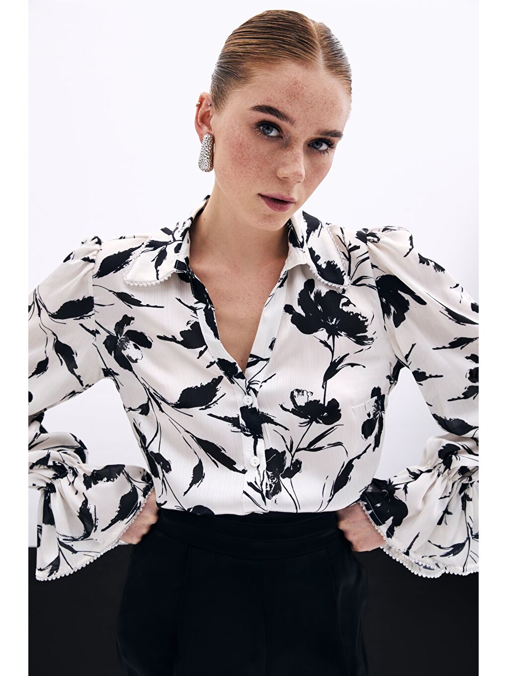 Kol Detaylı Gömlek - Ekru-1