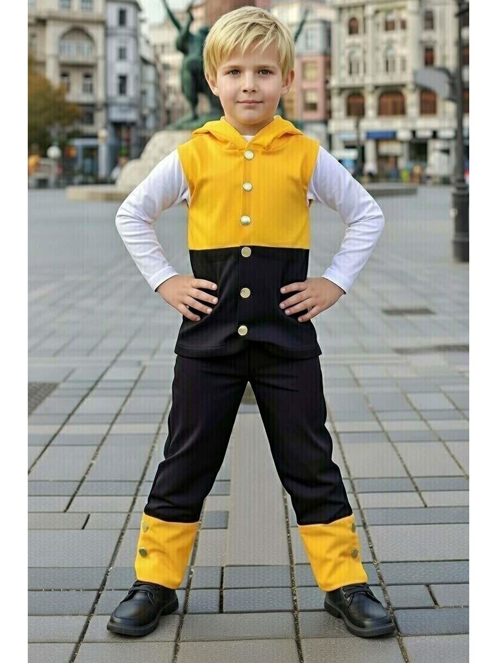 Erkek Çocuk CıtCıt Düğme ve Çift Renkli Yelek Stop Yazı Detaylı Penye Kazak Siyah Eşofman Takım