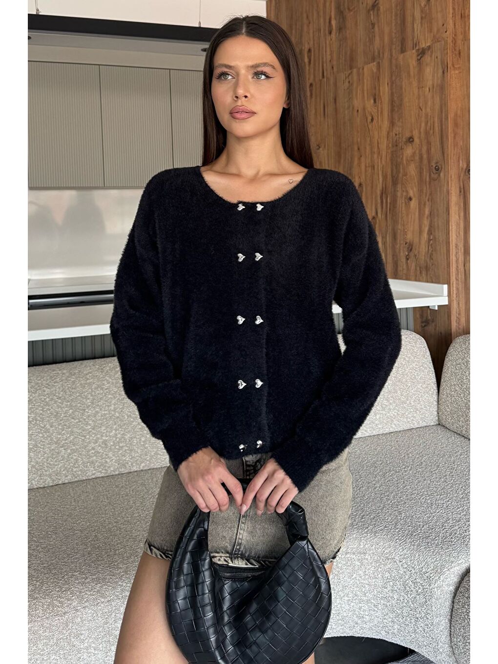 Siyah Kalp Düğmeli Şardonlu Triko Ceket (s,m,l,xl Uyumludur)