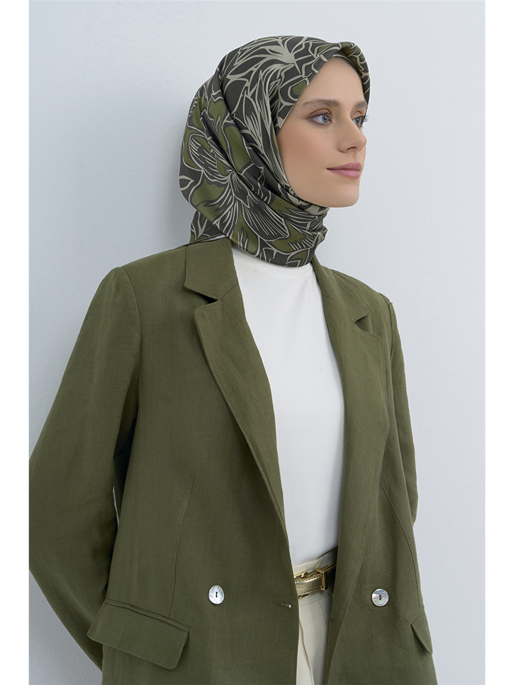 Haki Saf İpek Sura Eşarp 9539d 35-1