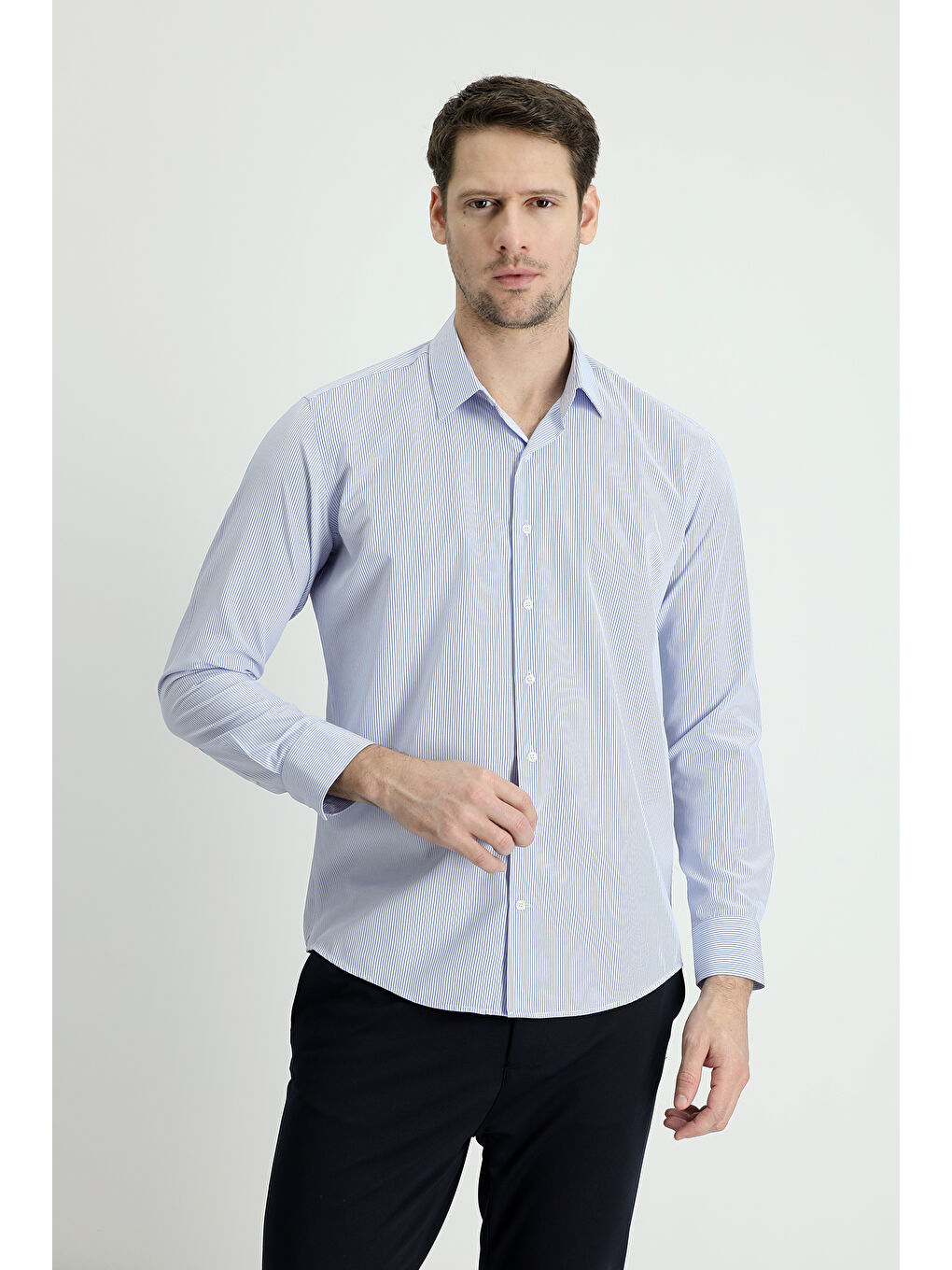 Mavi Uzun Kol Slim Fit Dar Kesim Çizgili Pamuklu Kolay Ütülenebilir Gömlek