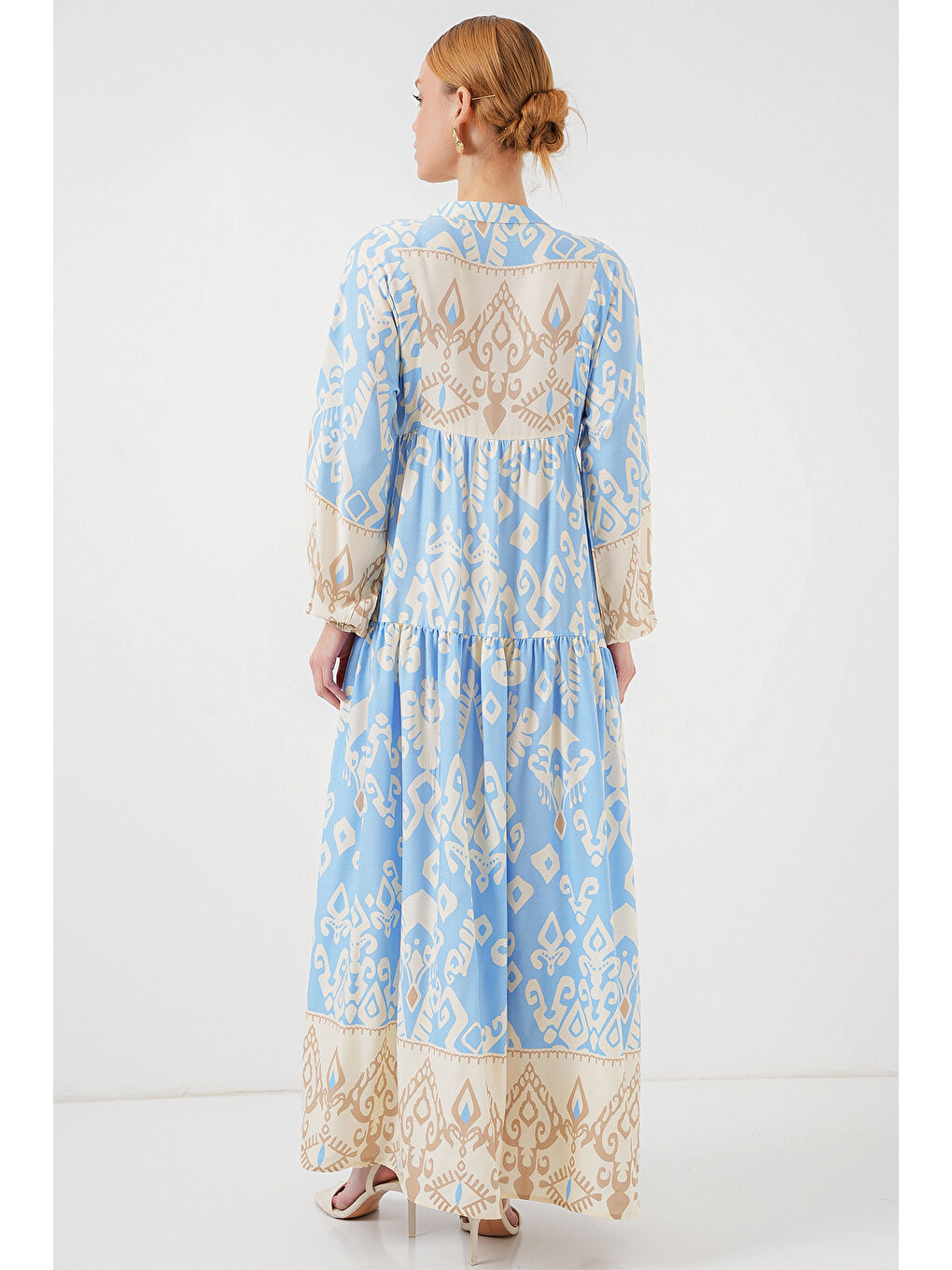 2423 Otantik Desenli Tesettür Elbise - R. Mavi-5