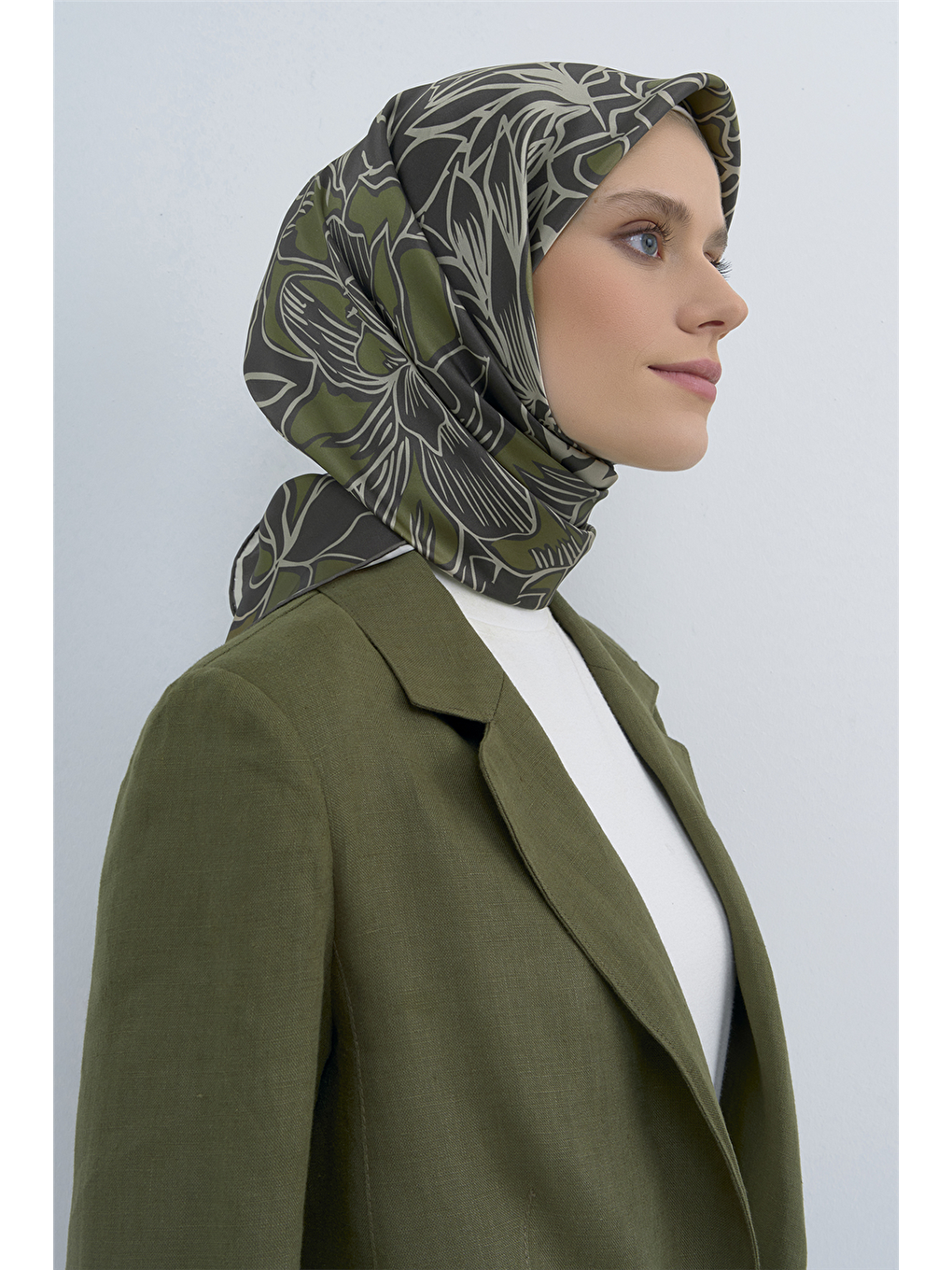 Haki Saf İpek Sura Eşarp 9539d 35-2
