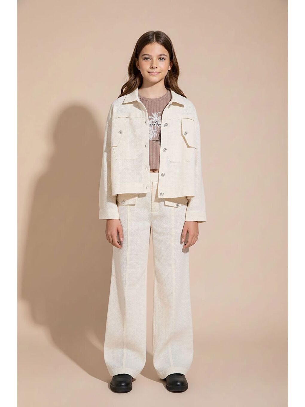 Ekru Krem Düğme Detaylı Keten Gömlekli Pantolonlu Kız Çocuk 3lü Takım 23495-1
