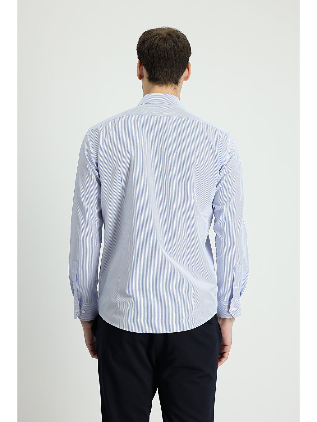 Mavi Uzun Kol Slim Fit Dar Kesim Çizgili Pamuklu Kolay Ütülenebilir Gömlek-1