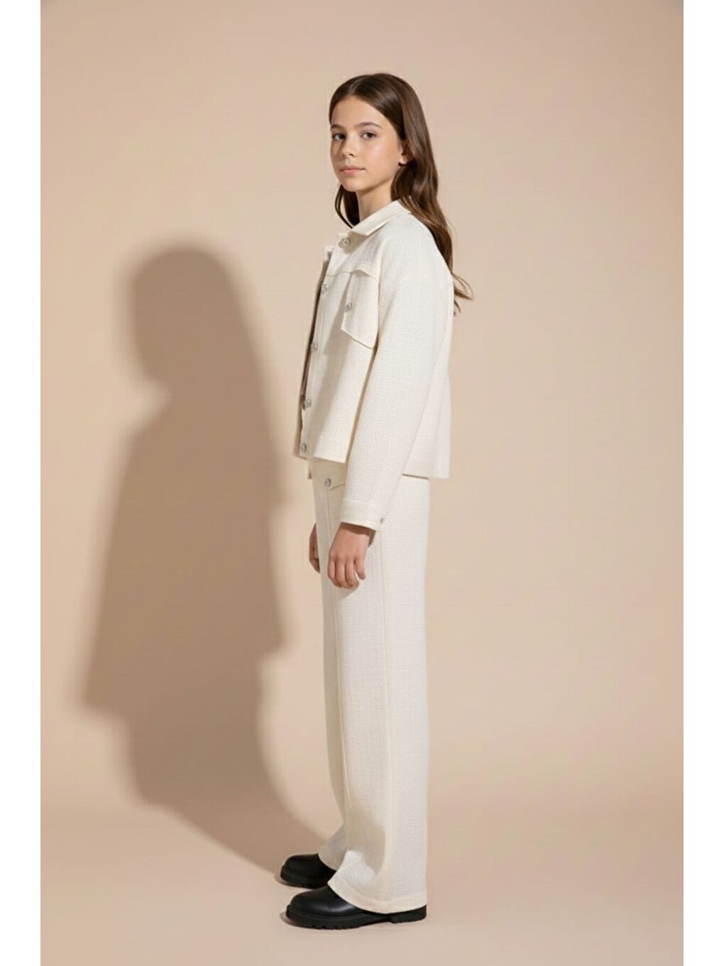 Ekru Krem Düğme Detaylı Keten Gömlekli Pantolonlu Kız Çocuk 3lü Takım 23495-2