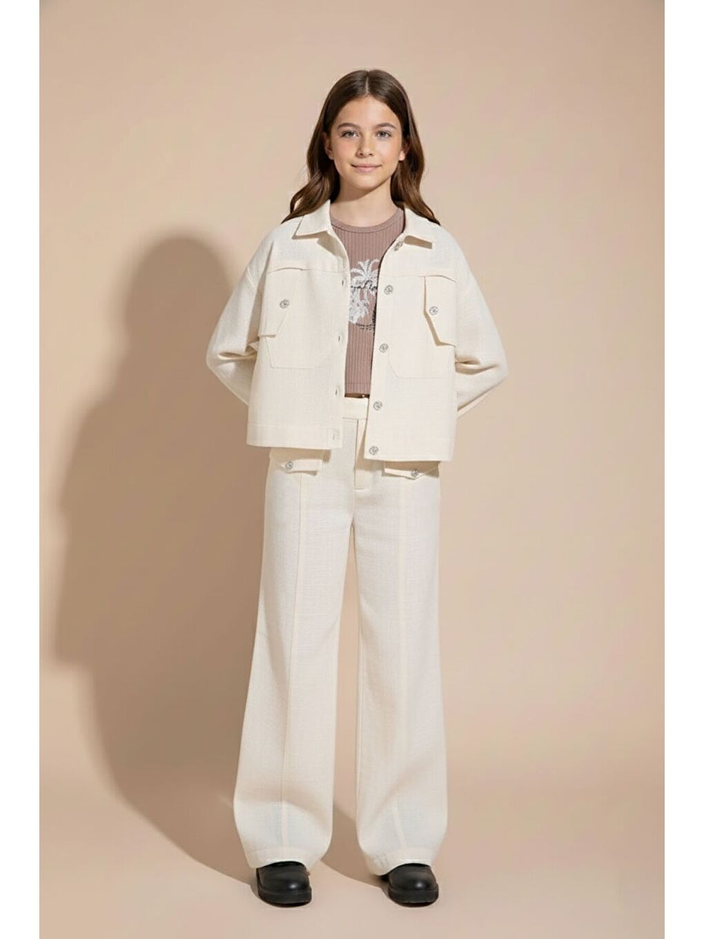 Ekru Krem Düğme Detaylı Keten Gömlekli Pantolonlu Kız Çocuk 3lü Takım 23495-3