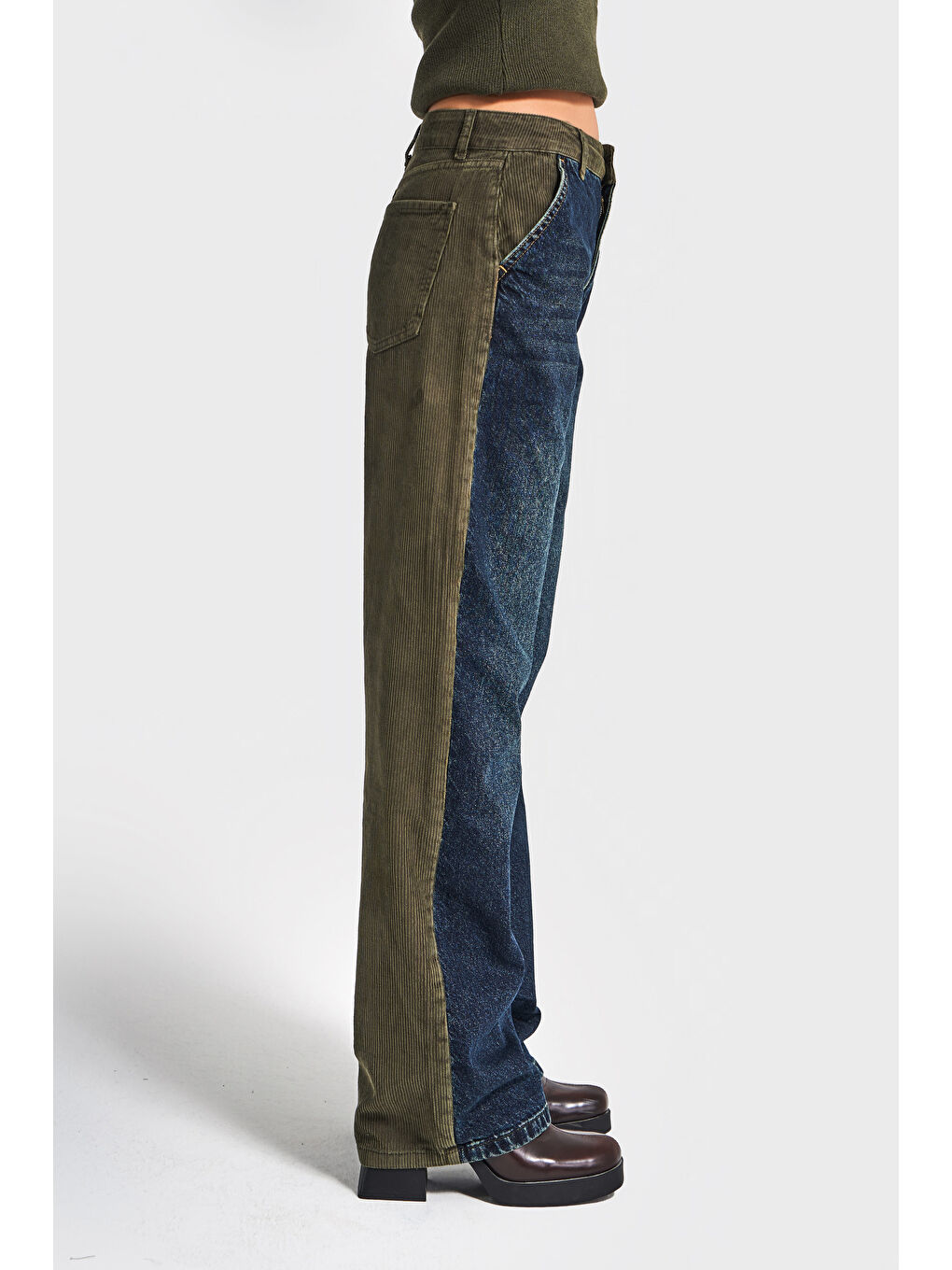 Kadın Haki Jean Rengi 2w5-31 Loose Fit Kadife Denim Kumaş Tasarım Denim Jean-1