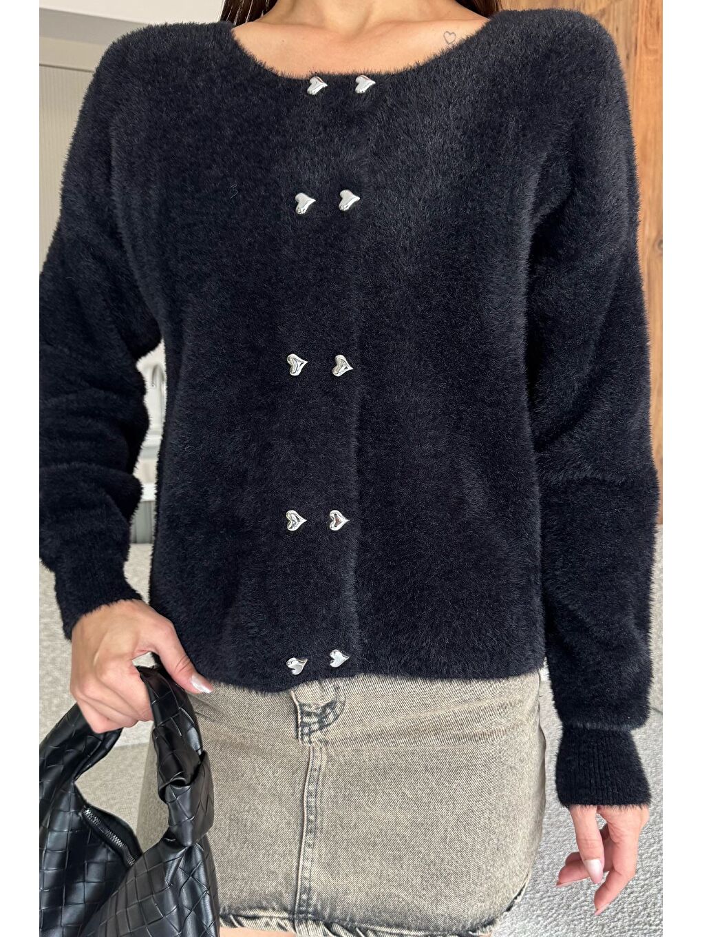 Siyah Kalp Düğmeli Şardonlu Triko Ceket (s,m,l,xl Uyumludur)-1