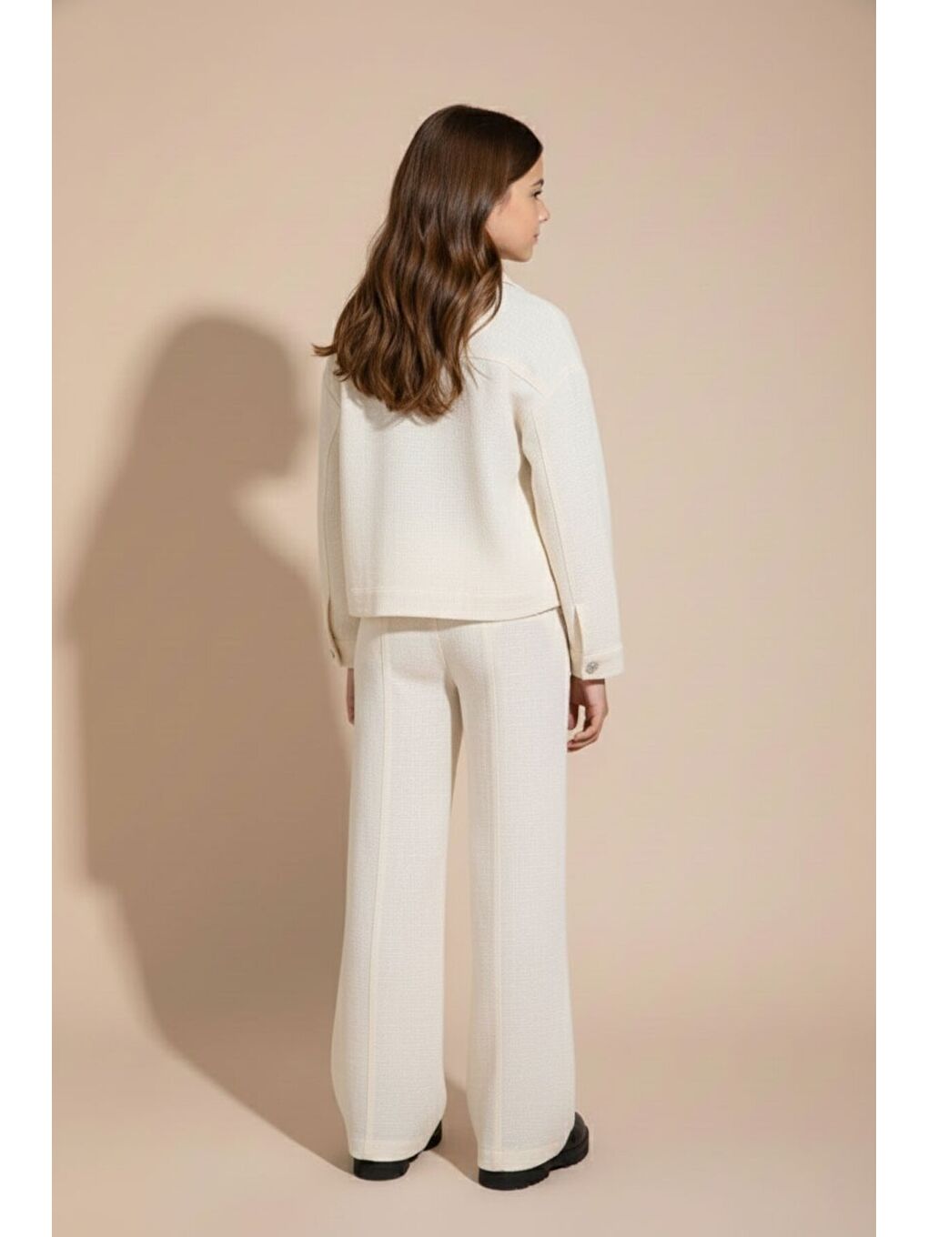 Ekru Krem Düğme Detaylı Keten Gömlekli Pantolonlu Kız Çocuk 3lü Takım 23495-4