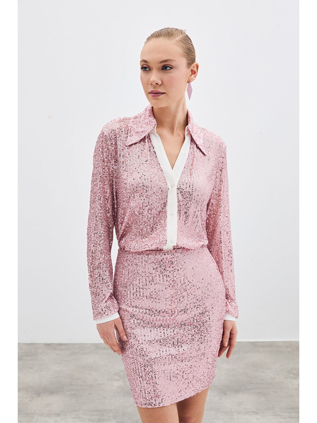Pembe Salaş Payet Gömlek - Pudra-1