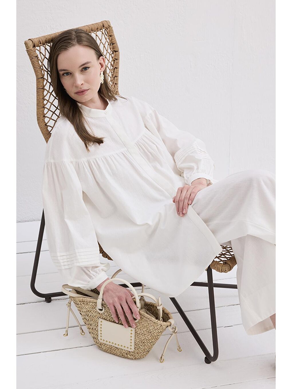 Nervürlü Keten Gömlek Ekru-1