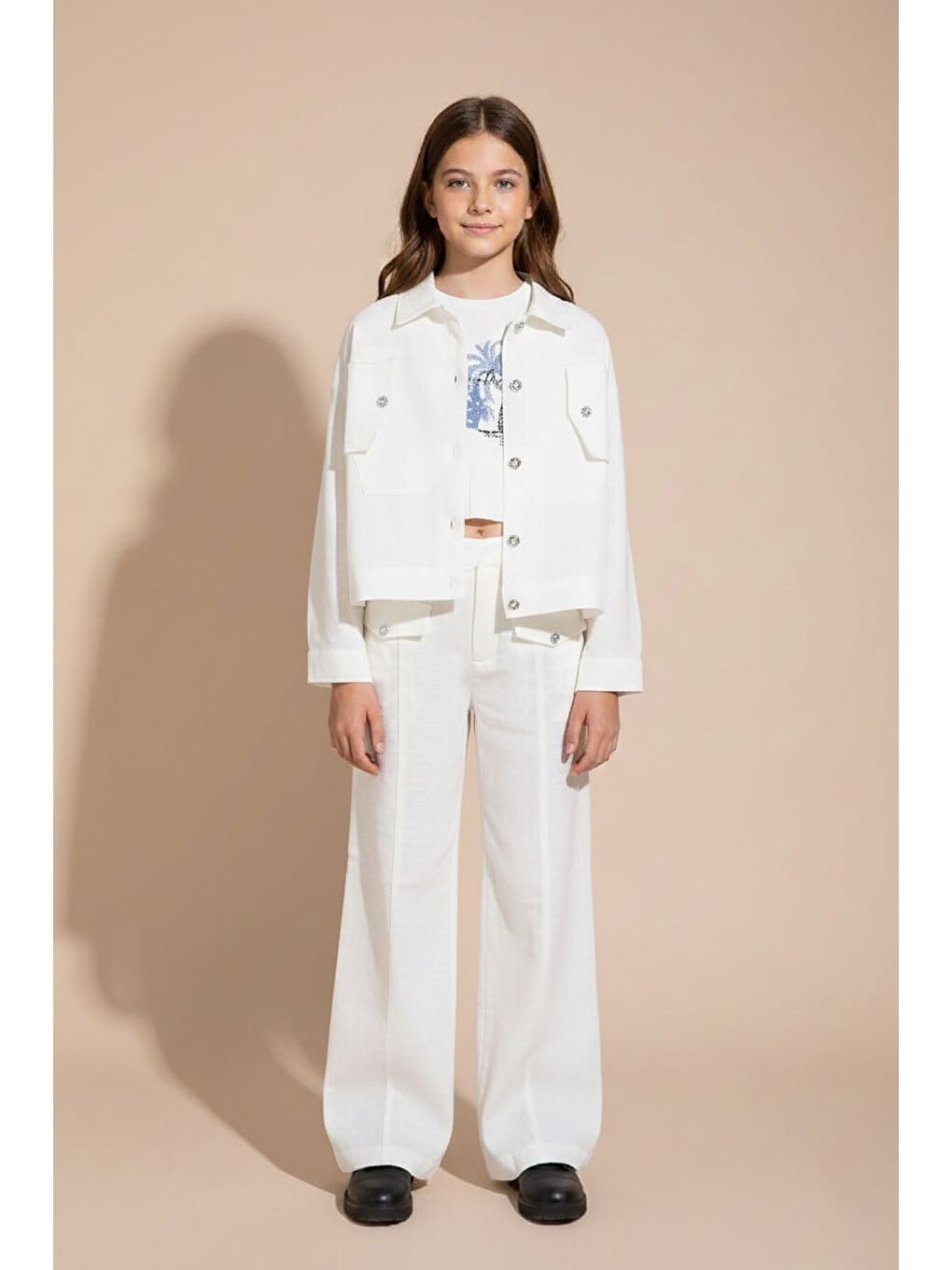 Ekru Düğme Detaylı Keten Gömlekli Pantolonlu Kız Çocuk 3lü Takım 23496