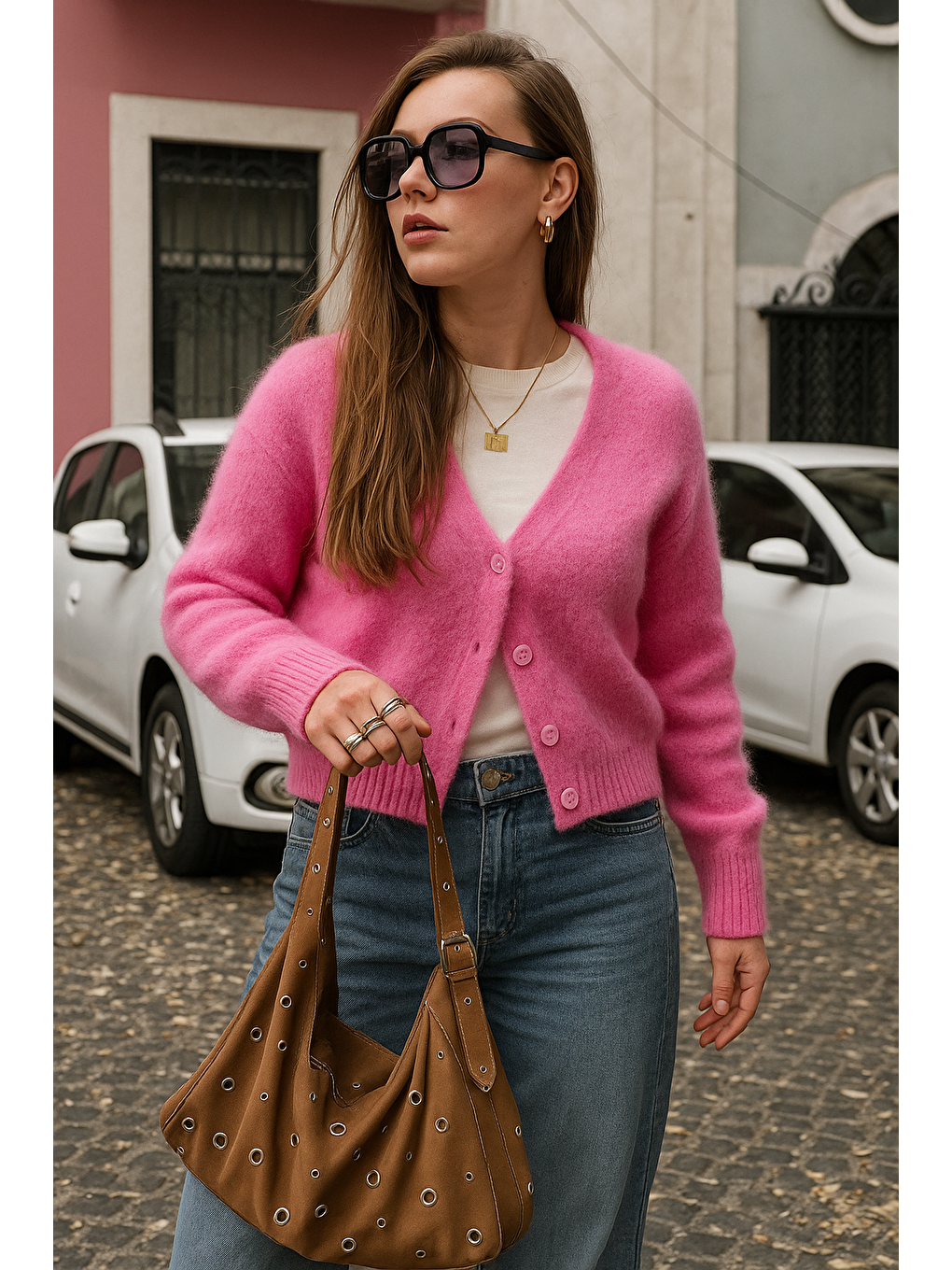 Pembe V Yaka Kadın Triko Hırka Mg2462-3