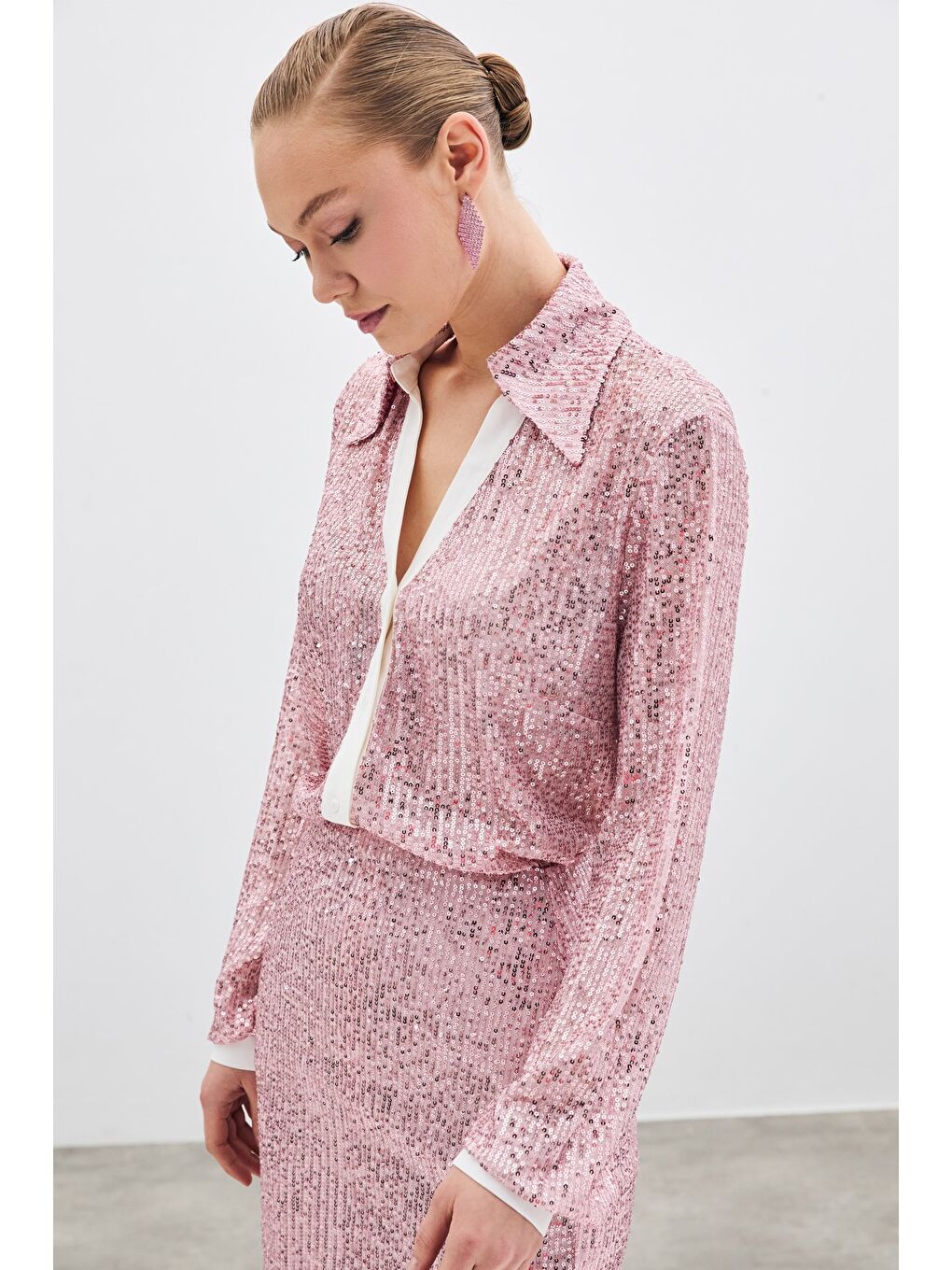 Pembe Salaş Payet Gömlek - Pudra-3