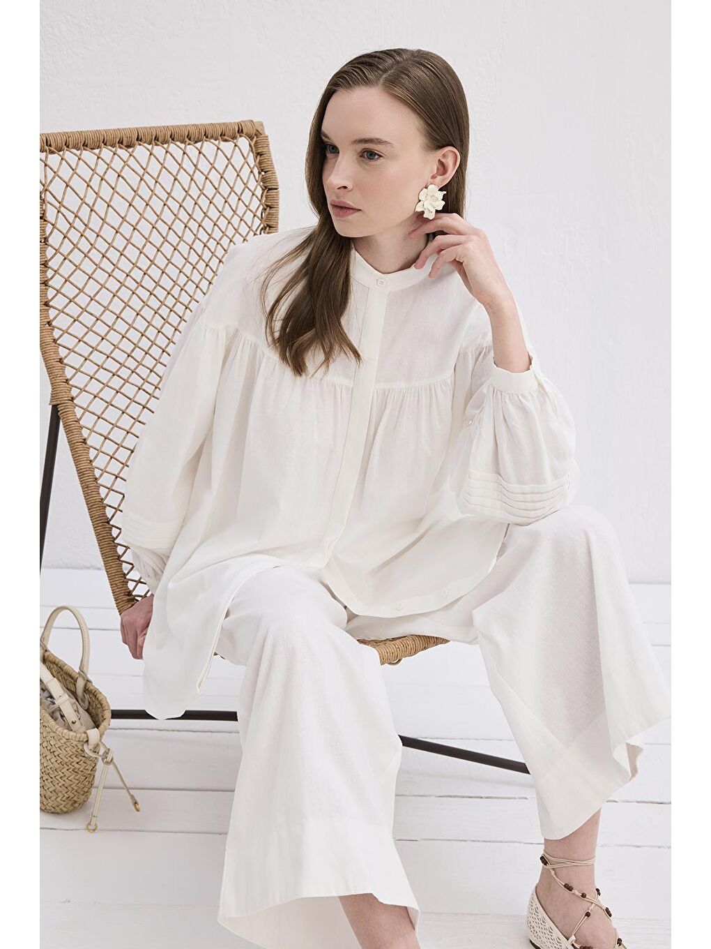 Nervürlü Keten Gömlek Ekru-3