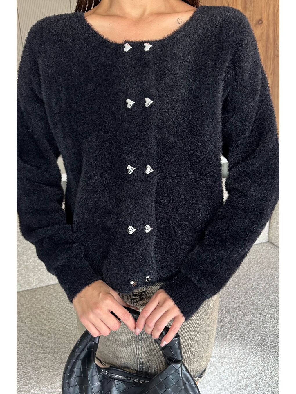 Siyah Kalp Düğmeli Şardonlu Triko Ceket (s,m,l,xl Uyumludur)-2