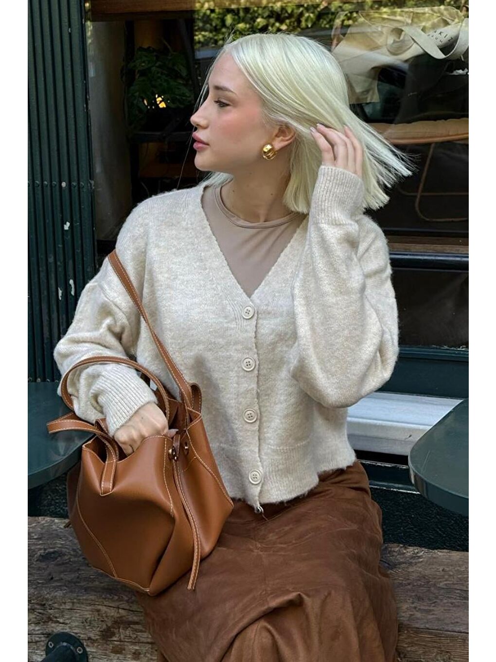 Ekru V Yaka Kadın Triko Hırka Mg2462-1