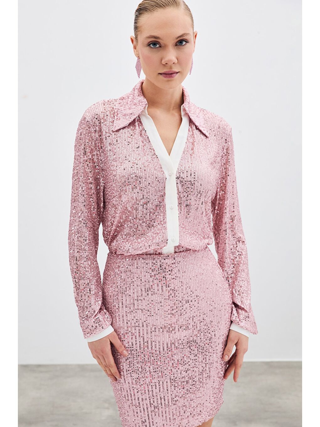 Pembe Salaş Payet Gömlek - Pudra-4