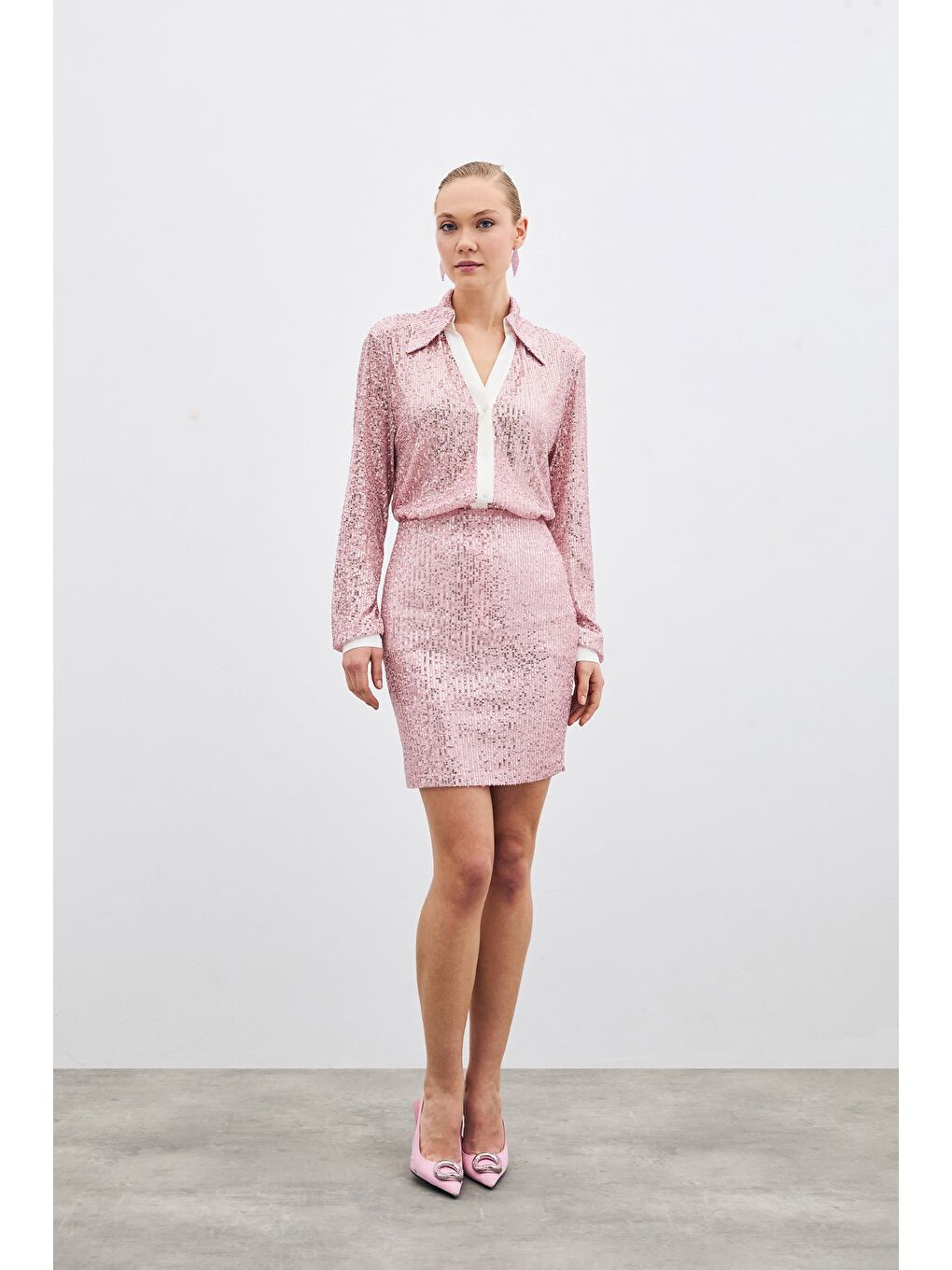 Pembe Salaş Payet Gömlek - Pudra-5