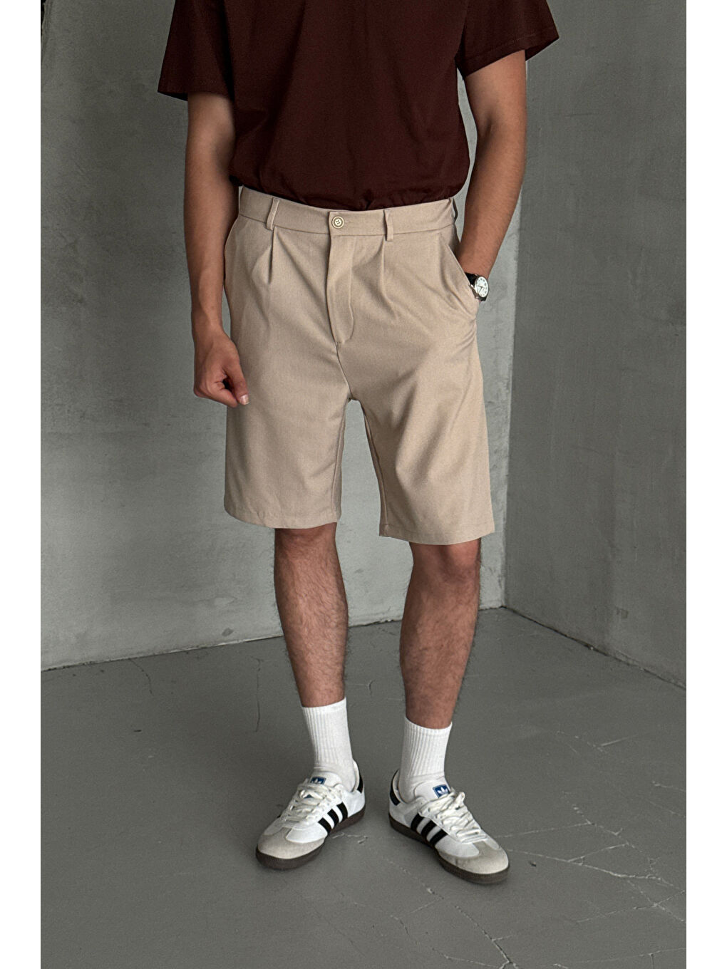 Ekru Erkek Pileli Baggy Şort