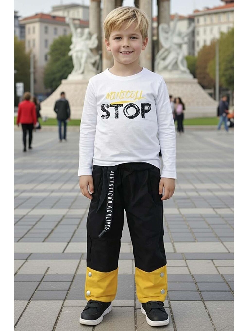 Erkek Çocuk CıtCıt Düğme ve Çift Renkli Yelek Stop Yazı Detaylı Penye Kazak Siyah Eşofman Takım-2